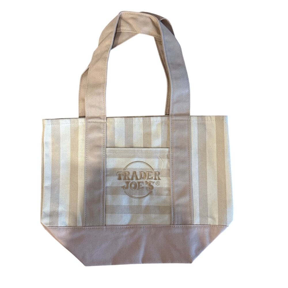 Trader Joe's 2026 summer mini striped canvas tote bag with 2 side pockets Beige